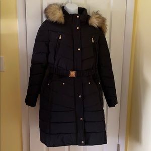 Vince Camuto Hooded Faux Fur Belted Puffer Coat